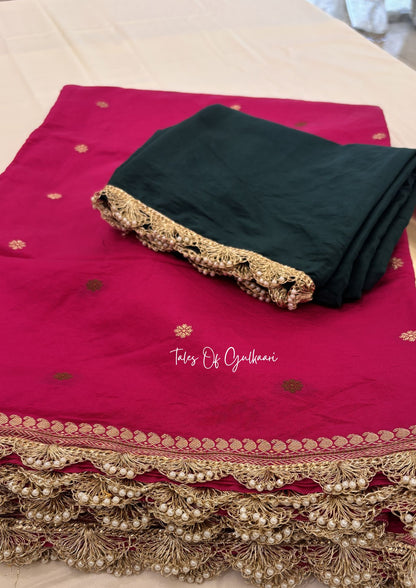 The Meher ~ Butter Silk Saree in Pink with Contrast Blouse & Lace Work