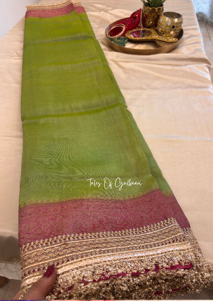 The Green and Dusty Pink Katan Banarasi Silk Nayi-Naveli
