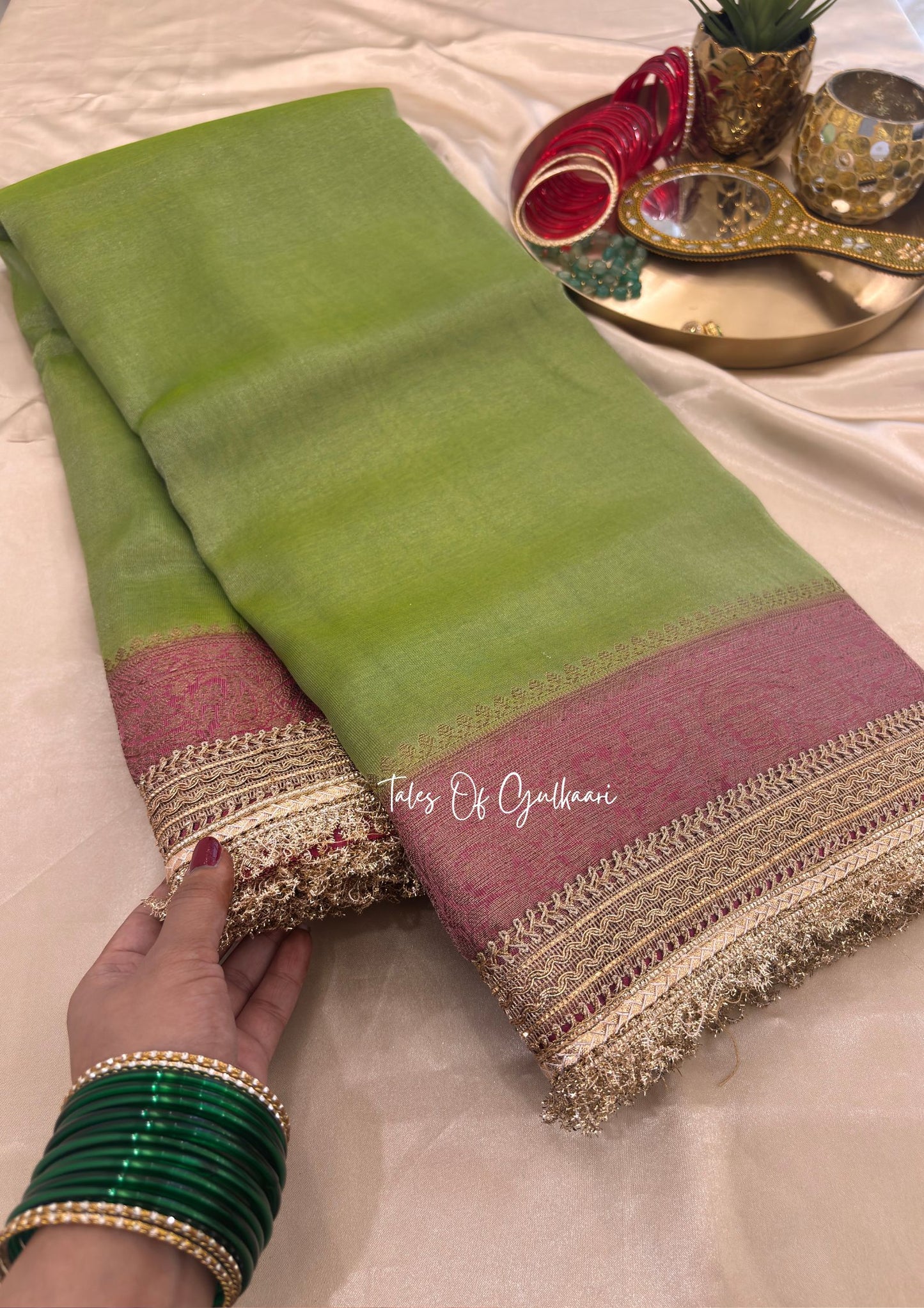 The Green and Dusty Pink Katan Banarasi Silk Nayi-Naveli