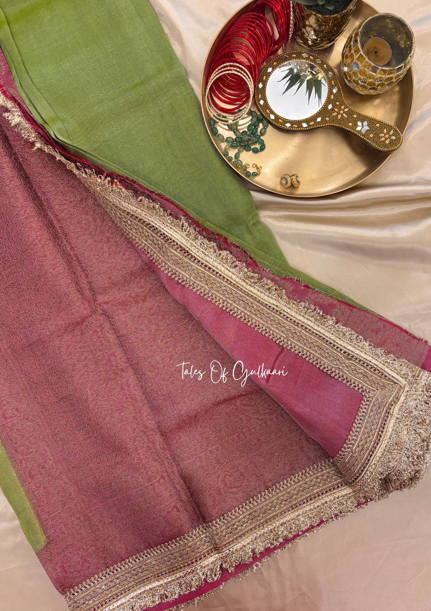 The Green and Dusty Pink Katan Banarasi Silk Nayi-Naveli