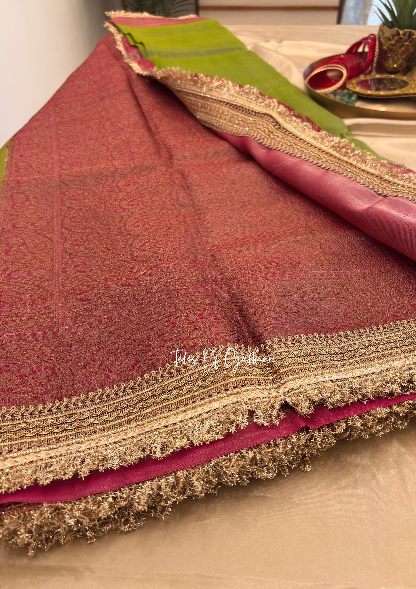 The Green and Dusty Pink Katan Banarasi Silk Nayi-Naveli