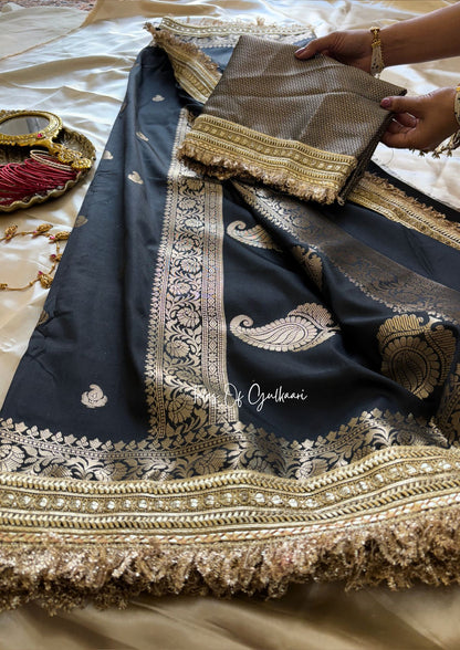 The Nazakat ~ Soft Silk Saree In Black with Lace Work