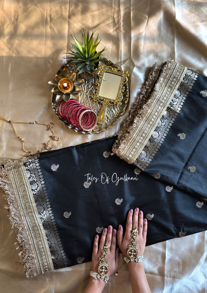 The Nazakat ~ Soft Silk Saree In Black with Lace Work