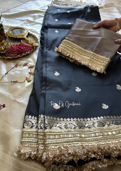 The Nazakat ~ Soft Silk Saree In Black with Lace Work