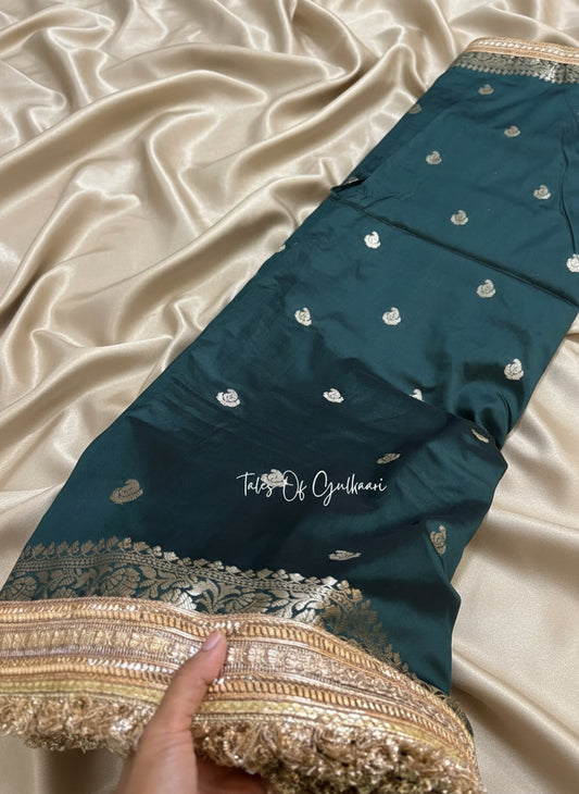 The Nazakat ~ Soft Silk Saree In Dark Green with Lace Work