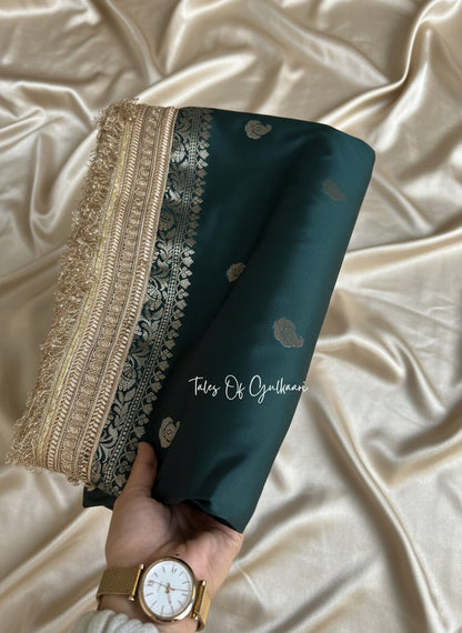 The Nazakat ~ Soft Silk Saree In Dark Green with Lace Work