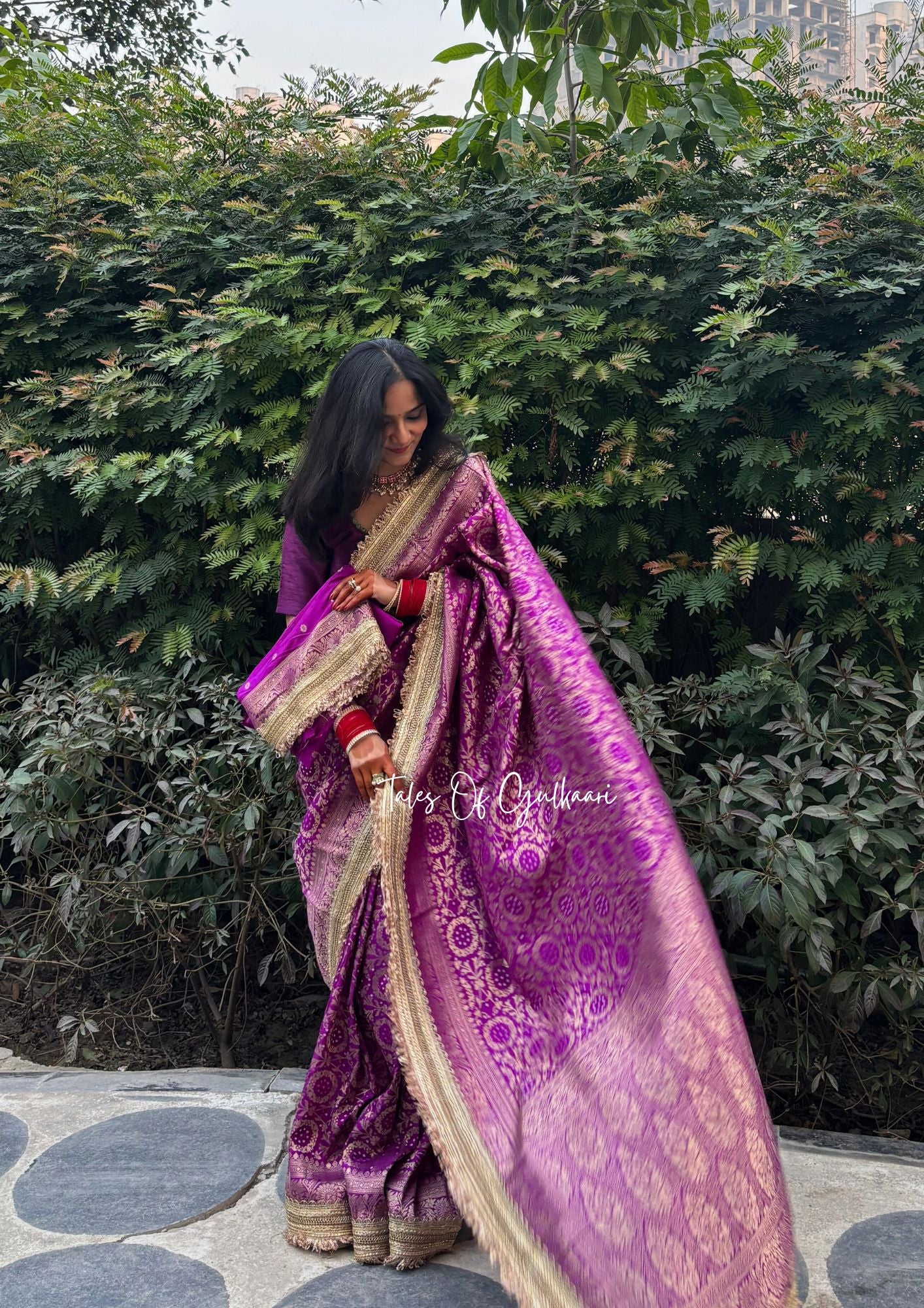 The Noor-E-Bandhej ~ Soft Katan Silk Saree In Purple with Lace Work