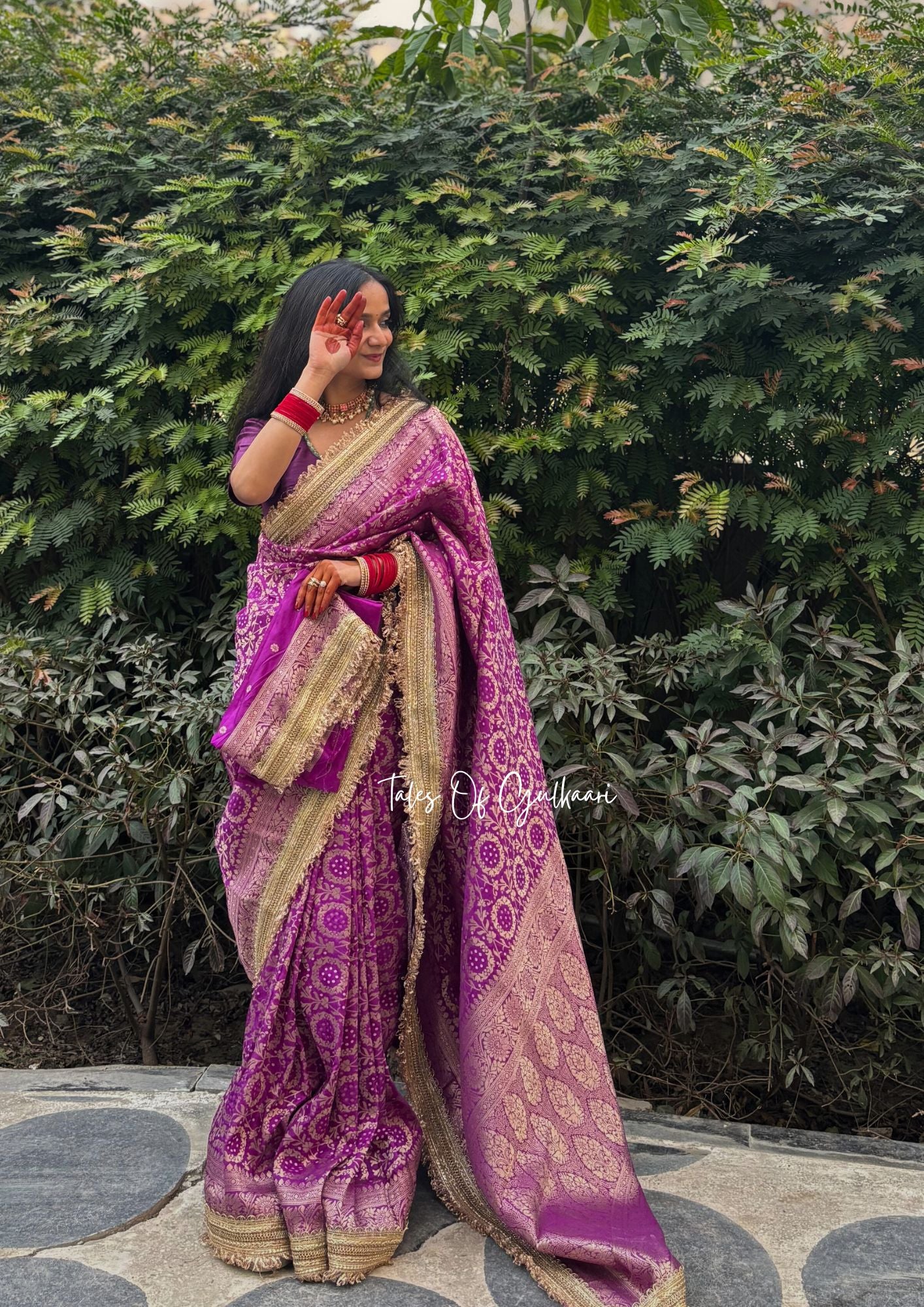 The Noor-E-Bandhej ~ Soft Katan Silk Saree In Purple with Lace Work
