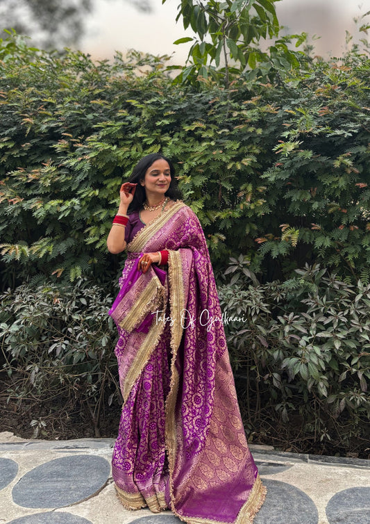 The Noor-E-Bandhej ~ Soft Katan Silk Saree In Purple with Lace Work