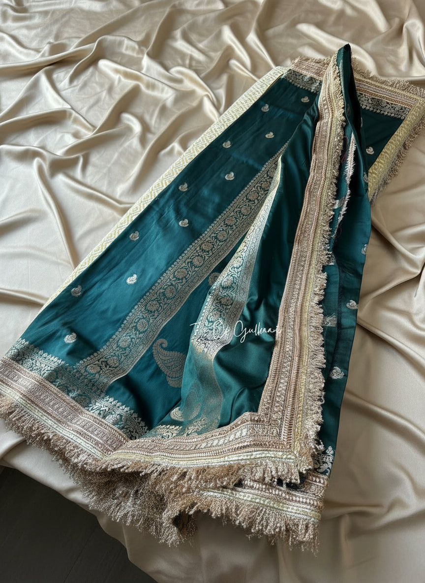 The Nazakat ~ Soft Silk Saree In Dark Green with Lace Work