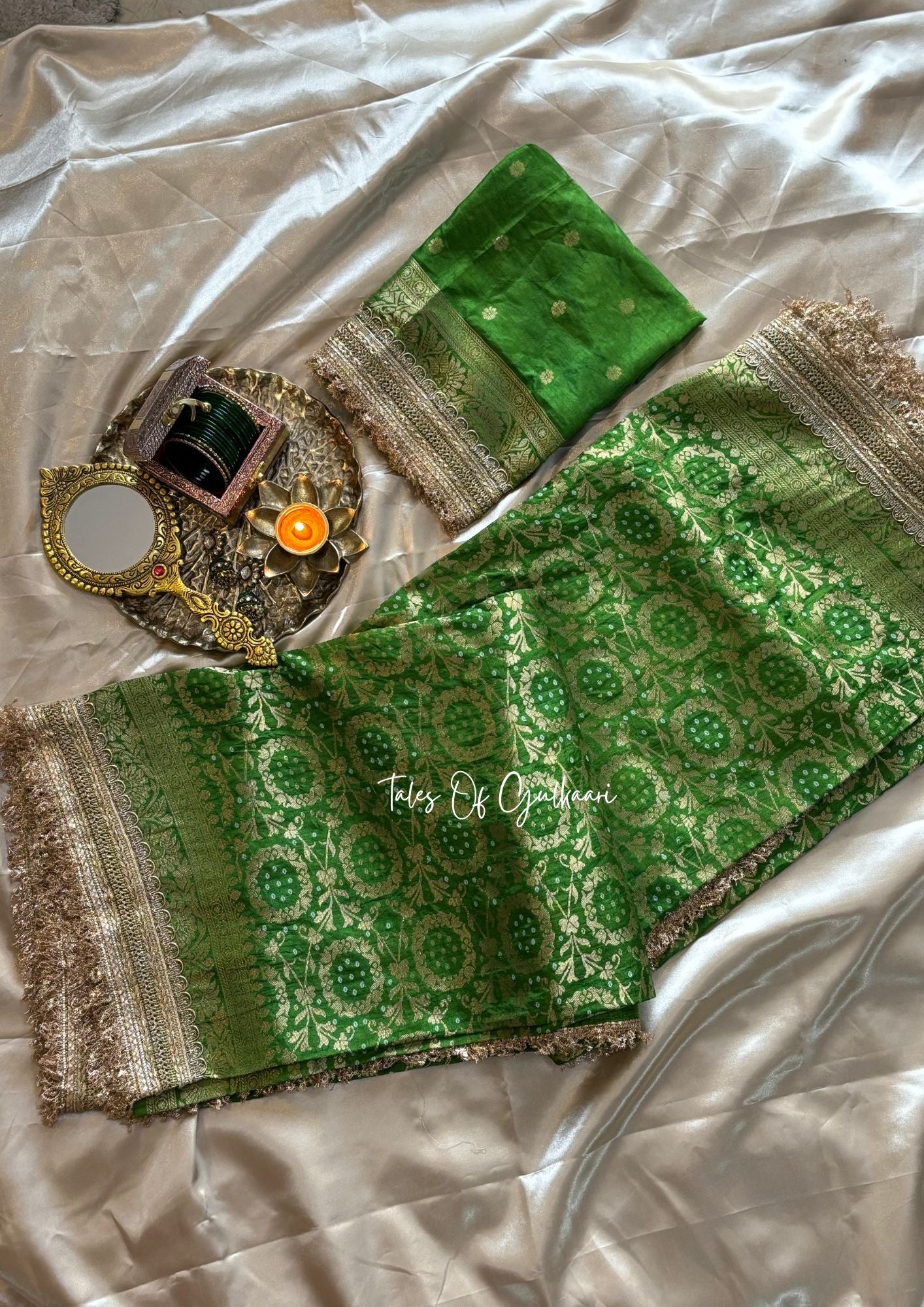 The Noor-E-Bandhej ~ Soft Katan Silk Saree In Green Color with Lace Work