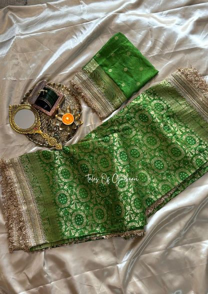 The Noor-E-Bandhej ~ Soft Katan Silk Saree In Green Color with Lace Work