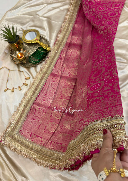 The Noor-E-Bandhej ~ Soft Katan Silk Saree In Pink with Lace Work