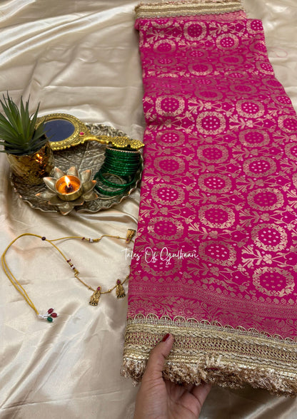 The Noor-E-Bandhej ~ Soft Katan Silk Saree In Pink with Lace Work