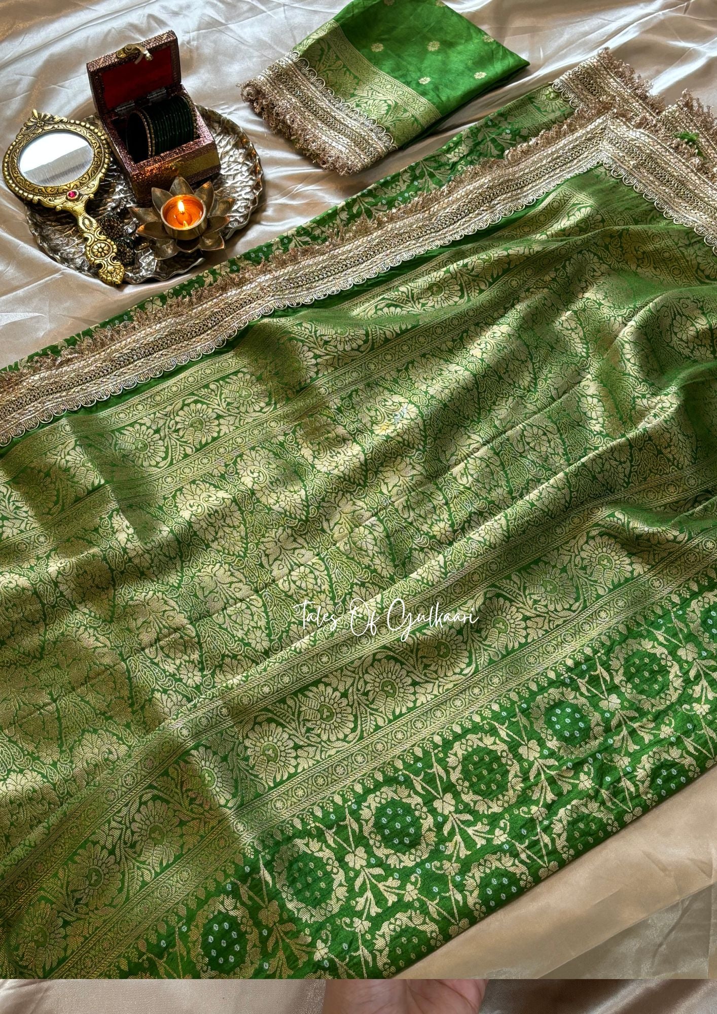 The Noor-E-Bandhej ~ Soft Katan Silk Saree In Green Color with Lace Work