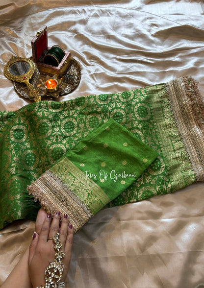 The Noor-E-Bandhej ~ Soft Katan Silk Saree In Green Color with Lace Work