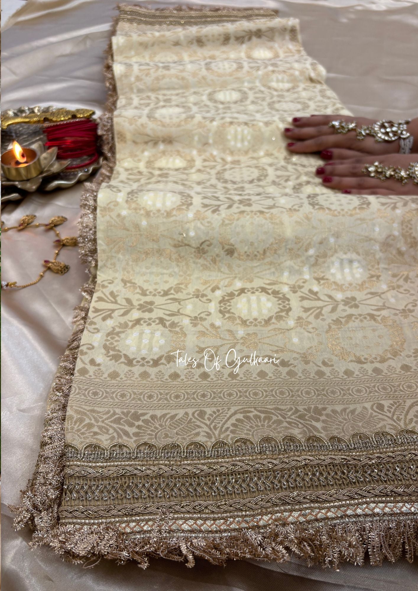 The Noor-E-Bandhej ~ Soft Katan Silk Saree In Ivory/Beige with Lace Work