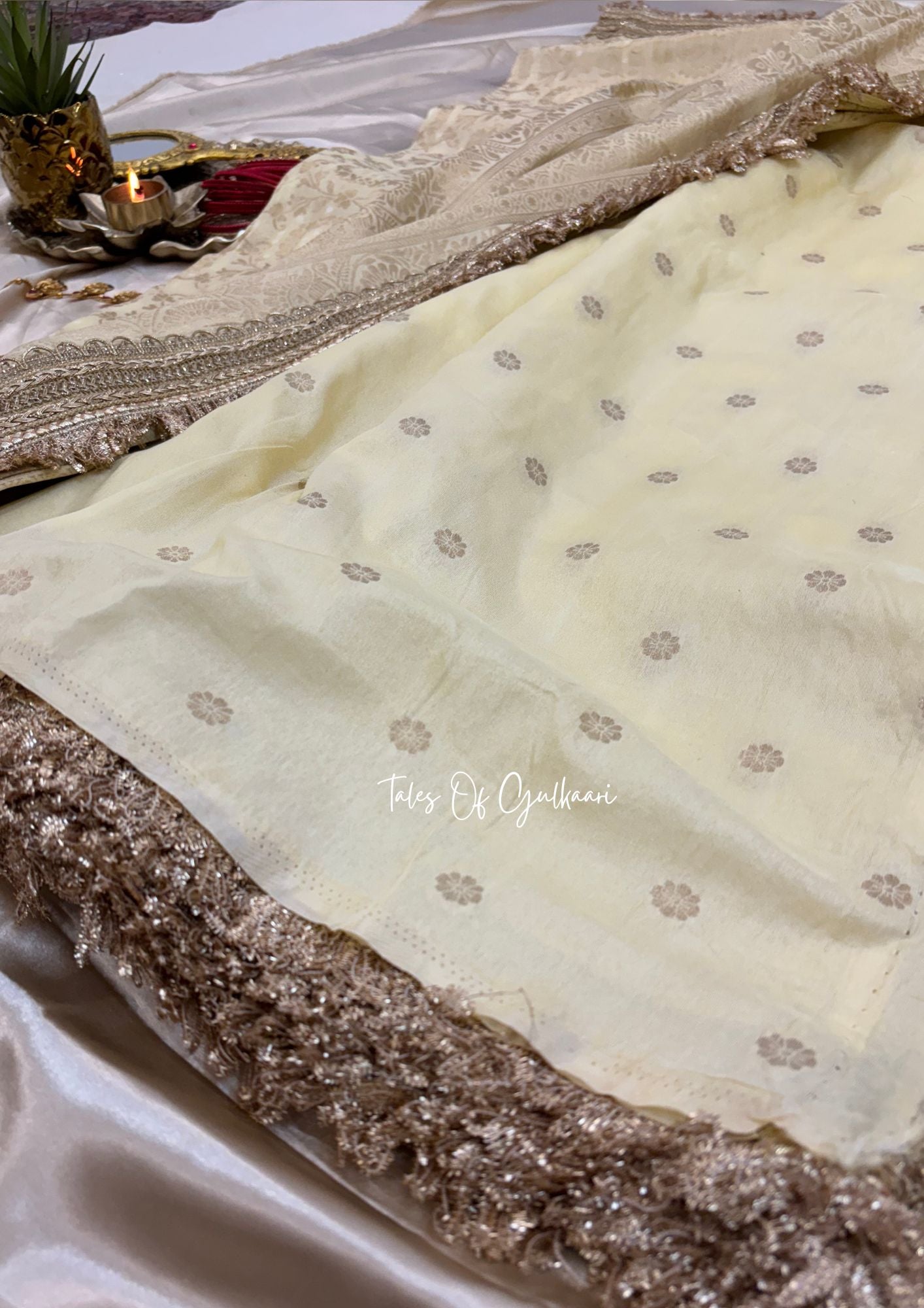 The Noor-E-Bandhej ~ Soft Katan Silk Saree In Ivory/Beige with Lace Work