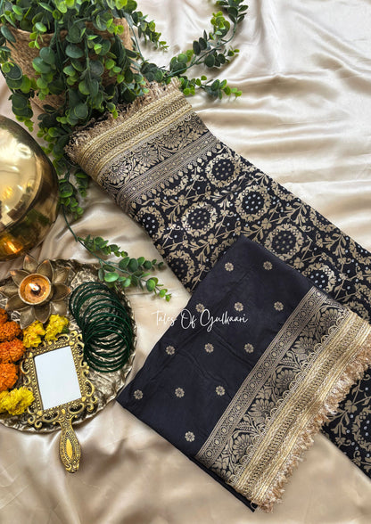 The Noor-E-Bandhej ~ Soft Katan Silk Saree In Black Color with Lace Work