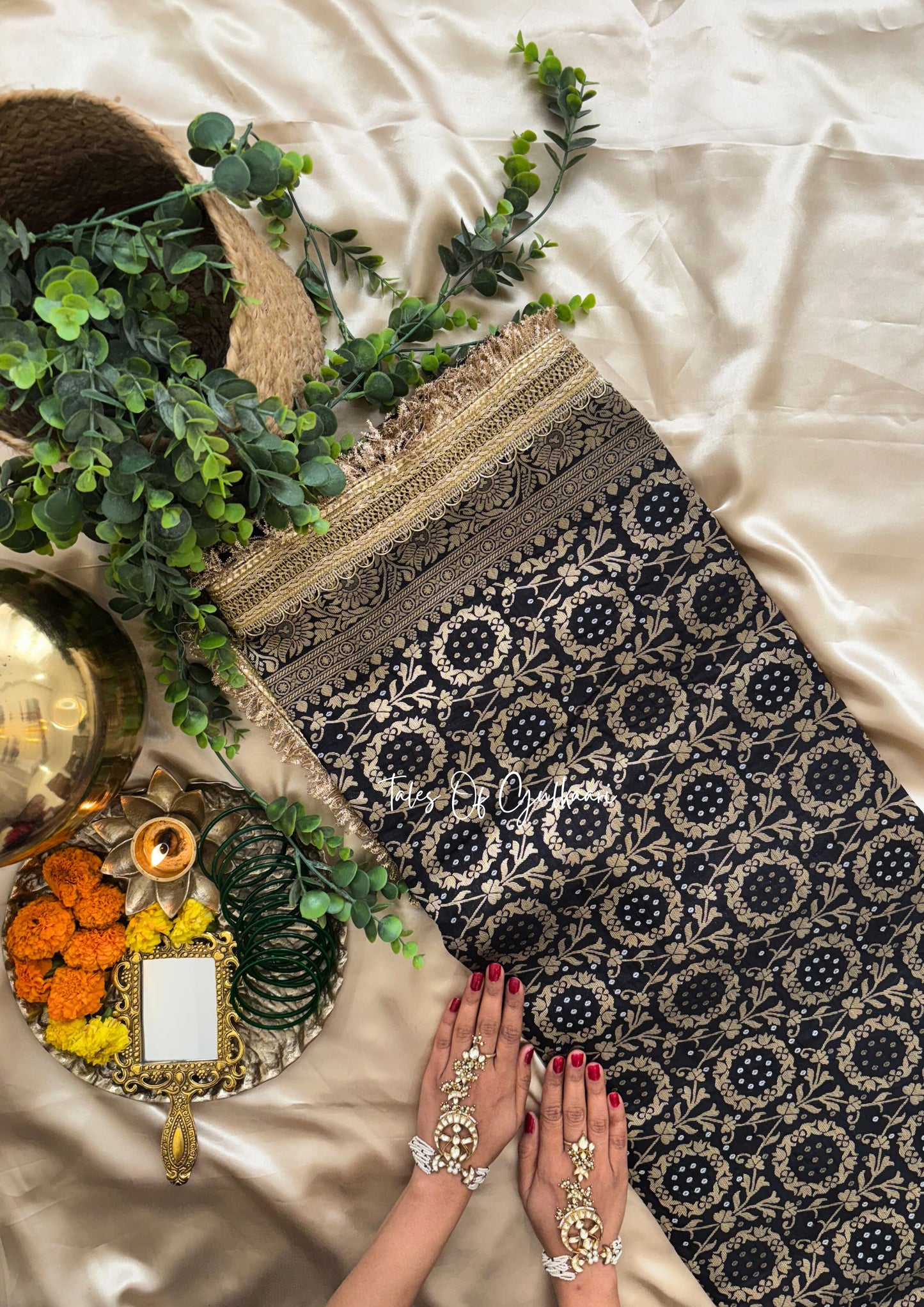 The Noor-E-Bandhej ~ Soft Katan Silk Saree In Black Color with Lace Work