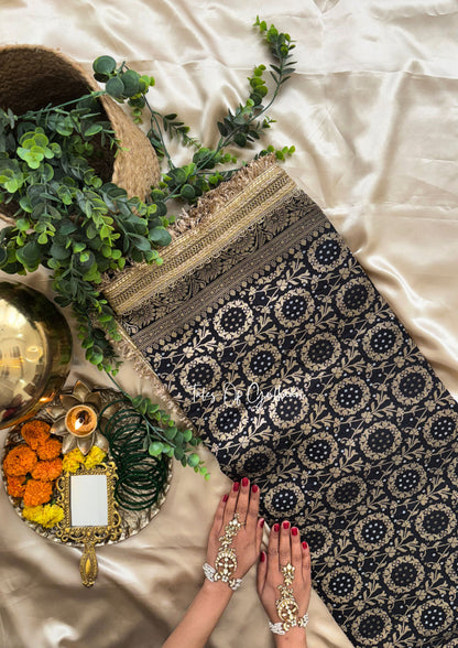 The Noor-E-Bandhej ~ Soft Katan Silk Saree In Black Color with Lace Work