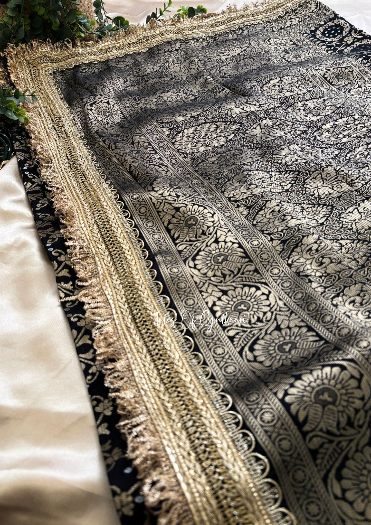 The Noor-E-Bandhej ~ Soft Katan Silk Saree In Black Color with Lace Work