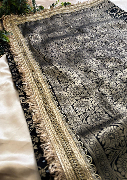 The Noor-E-Bandhej ~ Soft Katan Silk Saree In Black Color with Lace Work