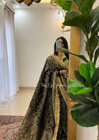 The Noor-E-Bandhej ~ Soft Katan Silk Saree In Black Color with Lace Work