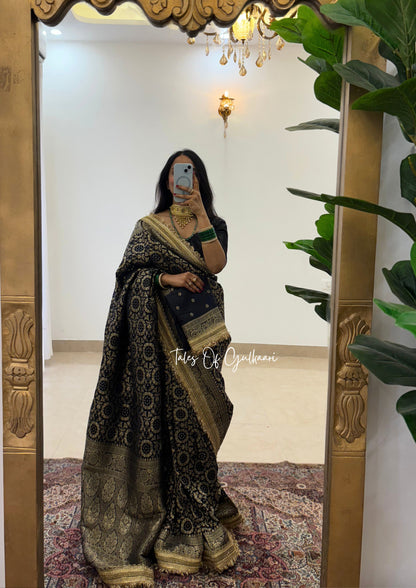 The Noor-E-Bandhej ~ Soft Katan Silk Saree In Black Color with Lace Work