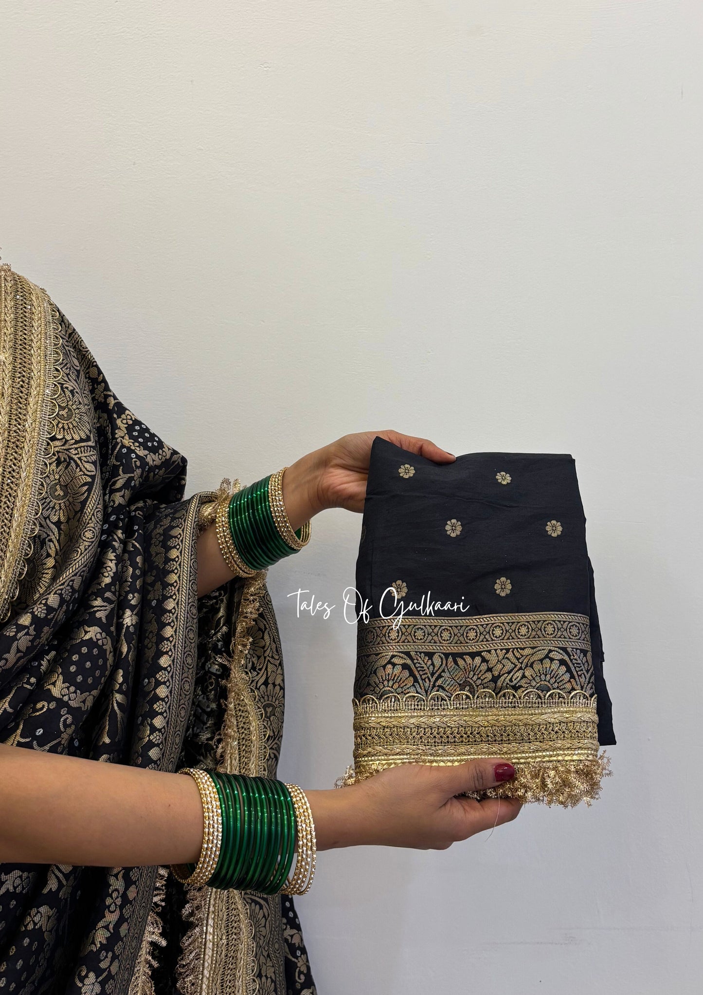 The Noor-E-Bandhej ~ Soft Katan Silk Saree In Black Color with Lace Work