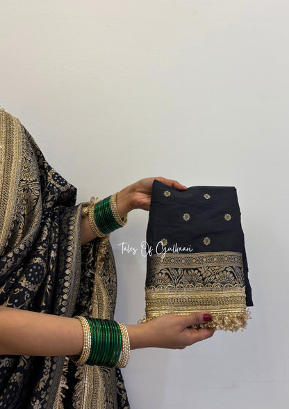 The Noor-E-Bandhej ~ Soft Katan Silk Saree In Black Color with Lace Work