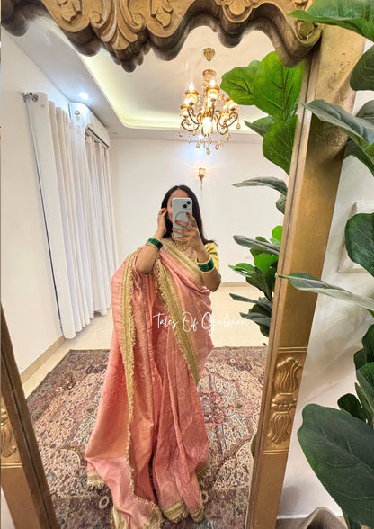 The Noor-E-Bandhej ~ Soft Katan Silk Saree In Peach Color with Lace Work