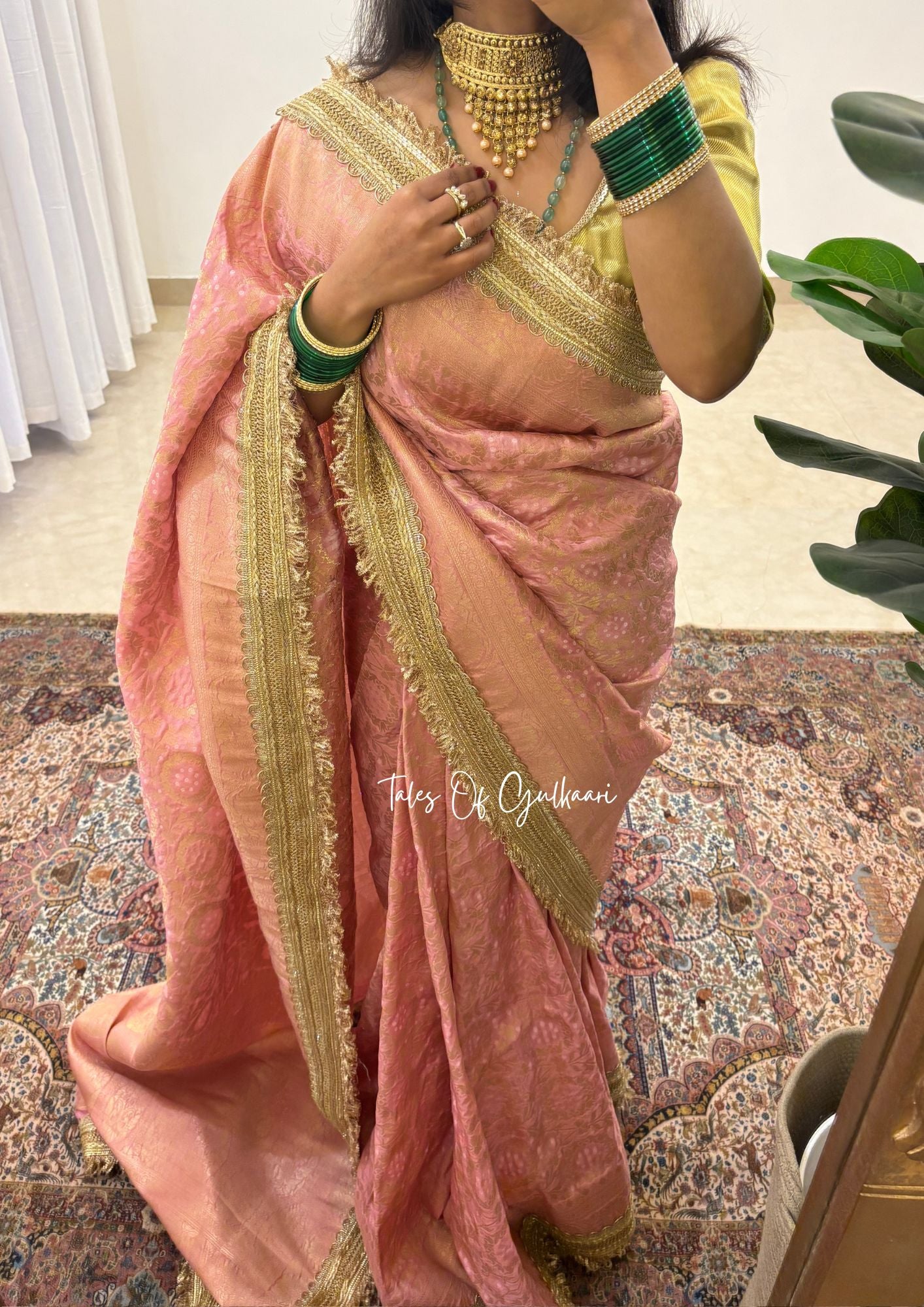 The Noor-E-Bandhej ~ Soft Katan Silk Saree In Peach Color with Lace Work