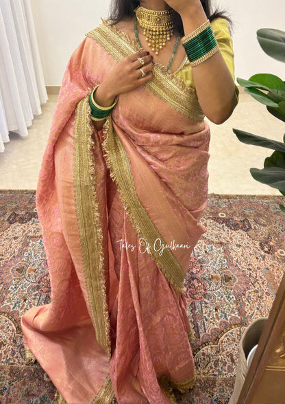 The Noor-E-Bandhej ~ Soft Katan Silk Saree In Peach Color with Lace Work