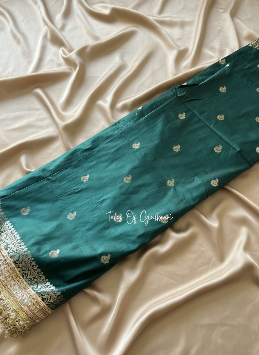 The Nazakat ~ Soft Silk Saree In Dark Green with Lace Work