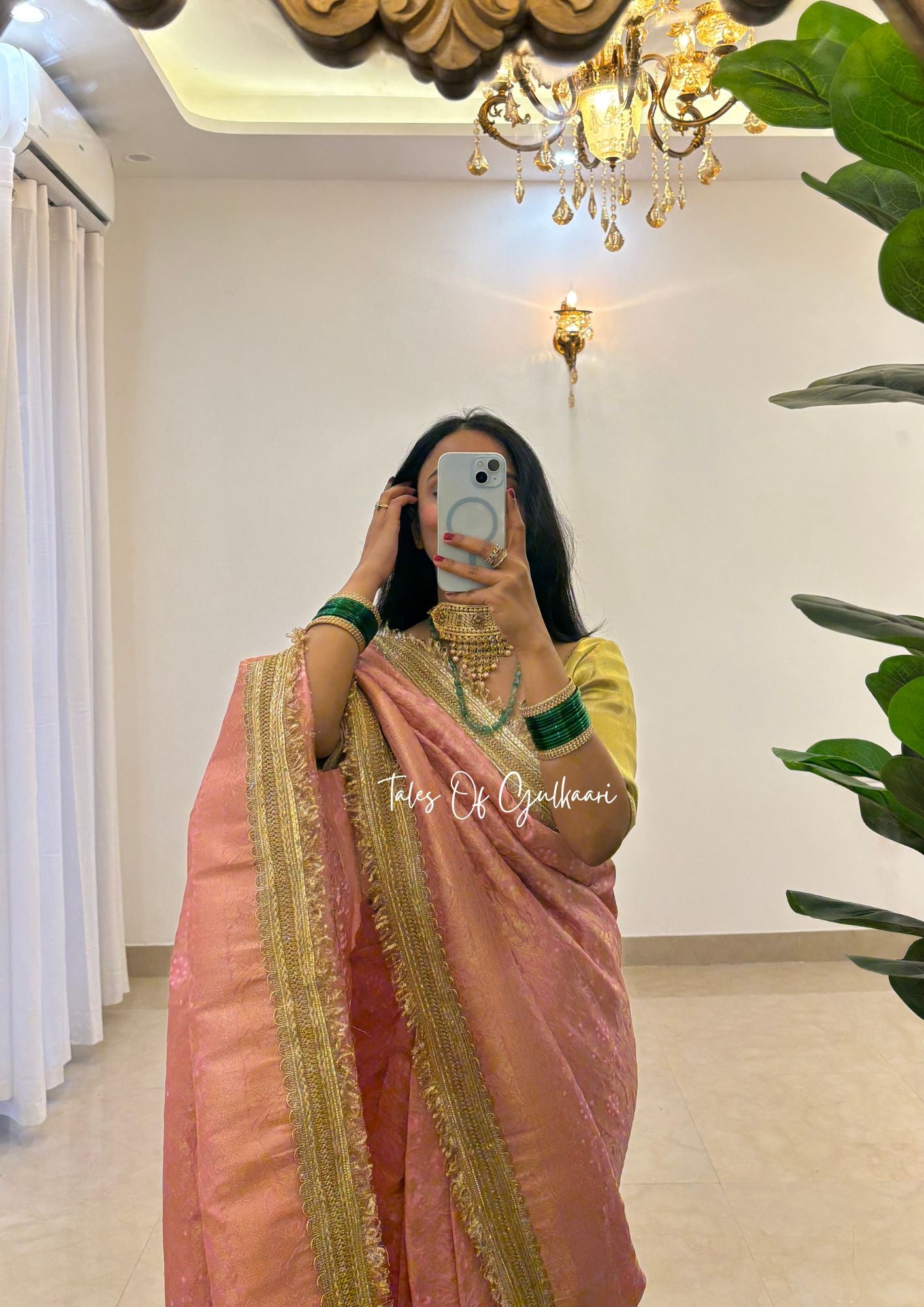 The Noor-E-Bandhej ~ Soft Katan Silk Saree In Peach Color with Lace Work