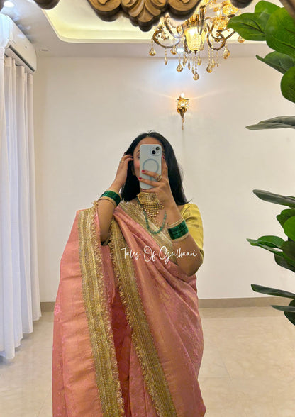 The Noor-E-Bandhej ~ Soft Katan Silk Saree In Peach Color with Lace Work