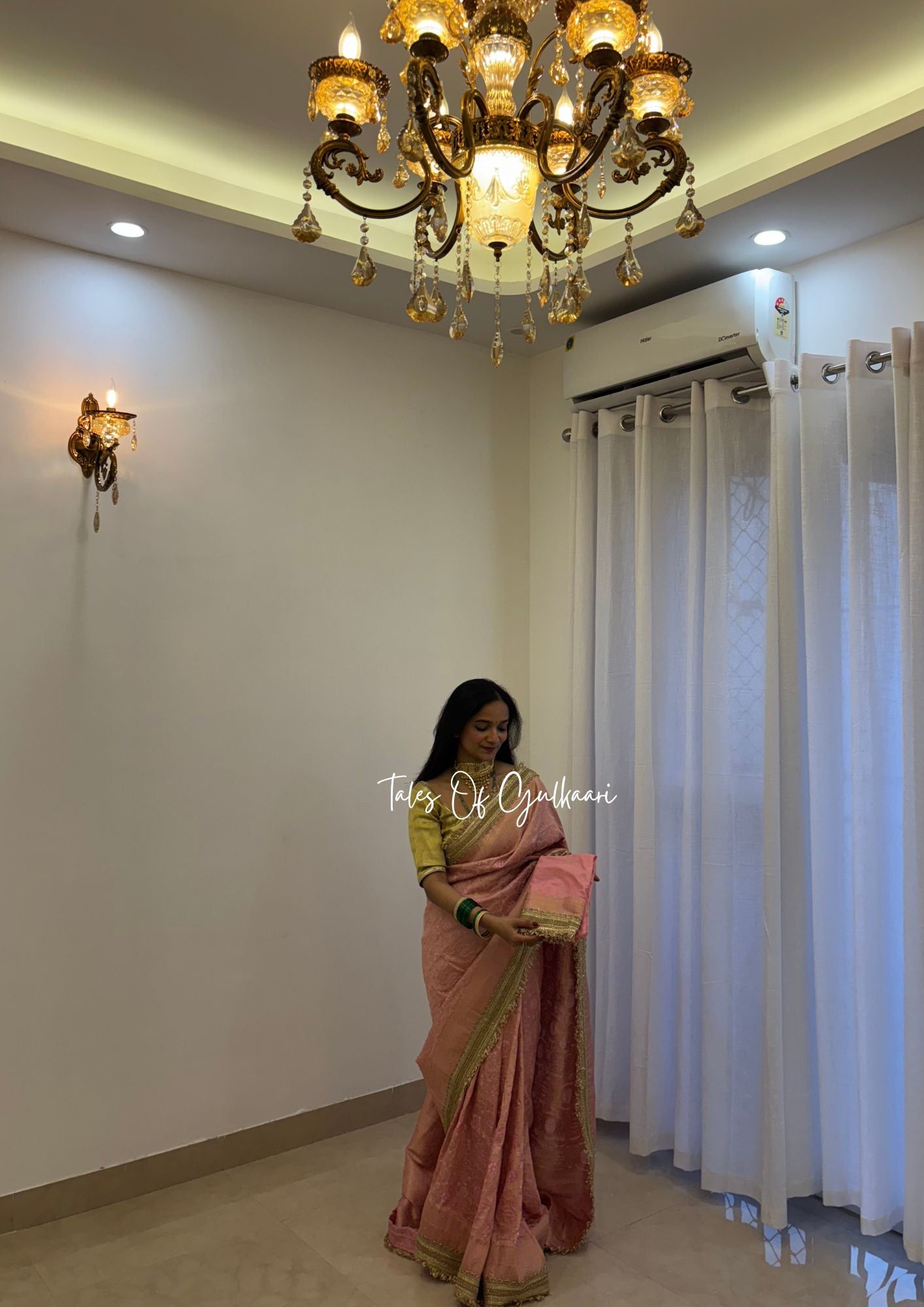 The Noor-E-Bandhej ~ Soft Katan Silk Saree In Peach Color with Lace Work