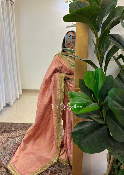 The Noor-E-Bandhej ~ Soft Katan Silk Saree In Peach Color with Lace Work