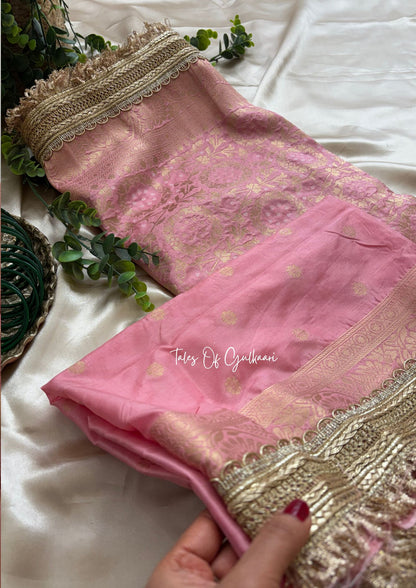 The Noor-E-Bandhej ~ Soft Katan Silk Saree In Peach Color with Lace Work