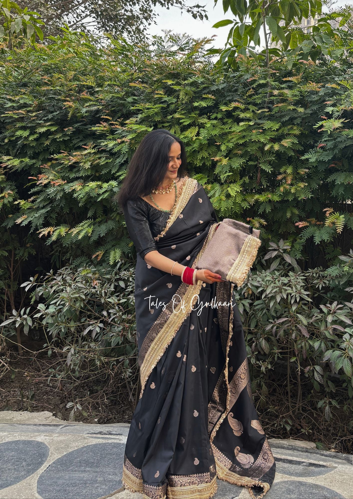 The Nazakat ~ Soft Silk Saree In Black with Lace Work