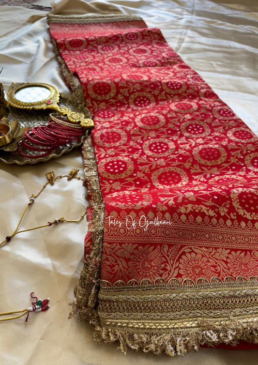 The Noor-E-Bandhej ~ Soft Katan Silk Saree In Red Color with Lace Work