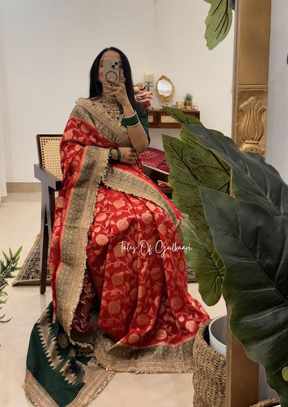 Phulkaari – Soft Banarasi Semi Khaddi Katan Georgette Silk Saree | Red & Green