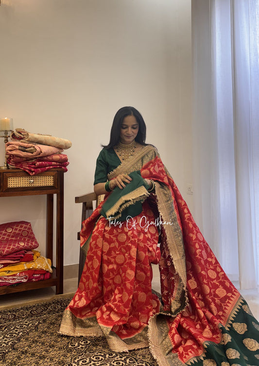 Phulkaari – Soft Banarasi Semi Khaddi Katan Georgette Silk Saree | Red & Green