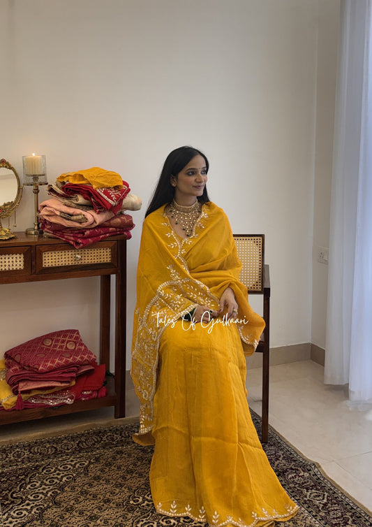 Rajputana Inspired – Soft Silk Gota & Pearl Pallu Edit ~ Mustard Yellow