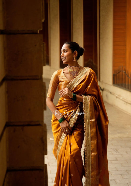 The Nazakat ~ Soft Silk Saree In Mustard Yellow with Lace Work