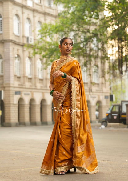 The Nazakat ~ Soft Silk Saree In Mustard Yellow with Lace Work