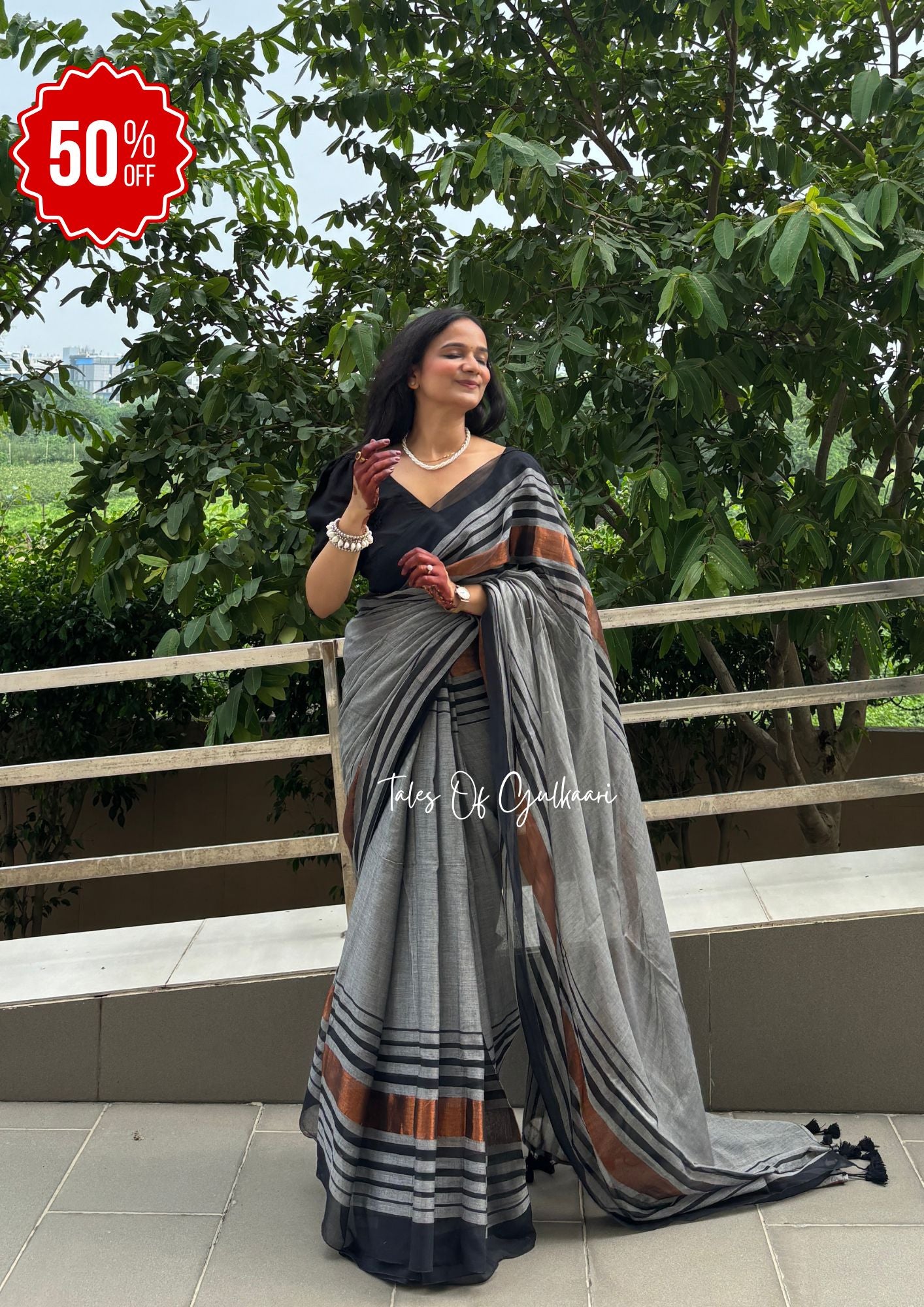 The Grey & Black -Striped Mulmul Cotton Saree