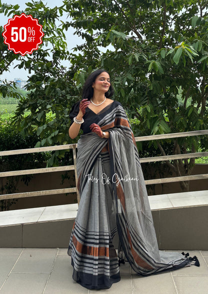 The Grey & Black -Striped Mulmul Cotton Saree