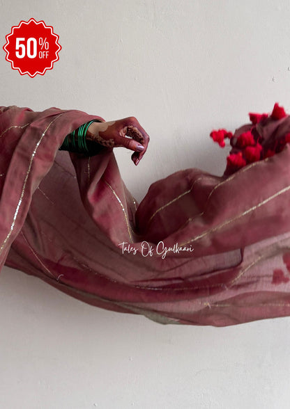 The Red & Greenish dual Tone -Sequinned Mulmul Cotton Saree
